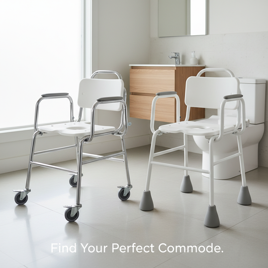 Two shower commodes, wheeled and stationary, in a modern bathroom. Helps users choose between wheeled vs. stationary shower commodes for safety and independence.