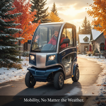 An independent senior drives an enclosed, all-weather mobility scooter on a cleared Canadian sidewalk, embodying year-round mobility and freedom in various weather conditions. Best enclosed & all-weather scooters for Canadians.