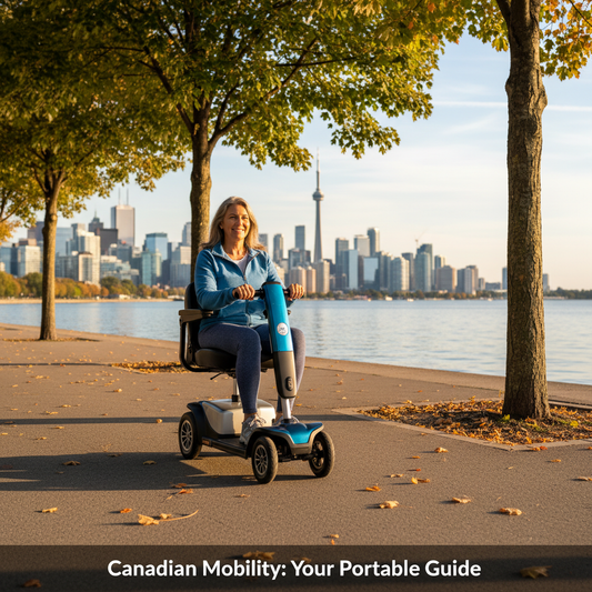 Active senior on a modern portable mobility scooter on a paved path in a Canadian park, with the headline "Canadian Mobility: Your Portable Guide." Image for "Your Ultimate Guide to Portable Mobility Scooters in Canada."