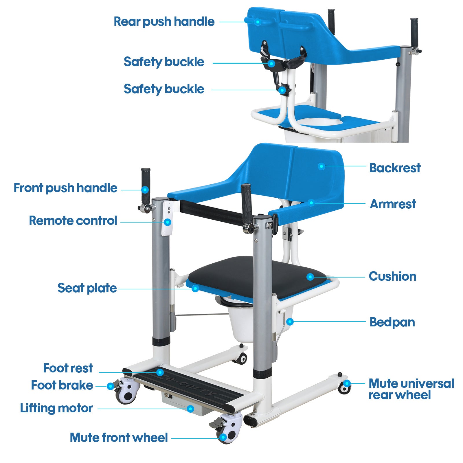 4 - IN - 1 MULTIFUNCTIONAL ELECTRIC LIFT TRANSFER, SHOWER, & COMMODE CHAIR | Ezee Life - Factory Direct Medical