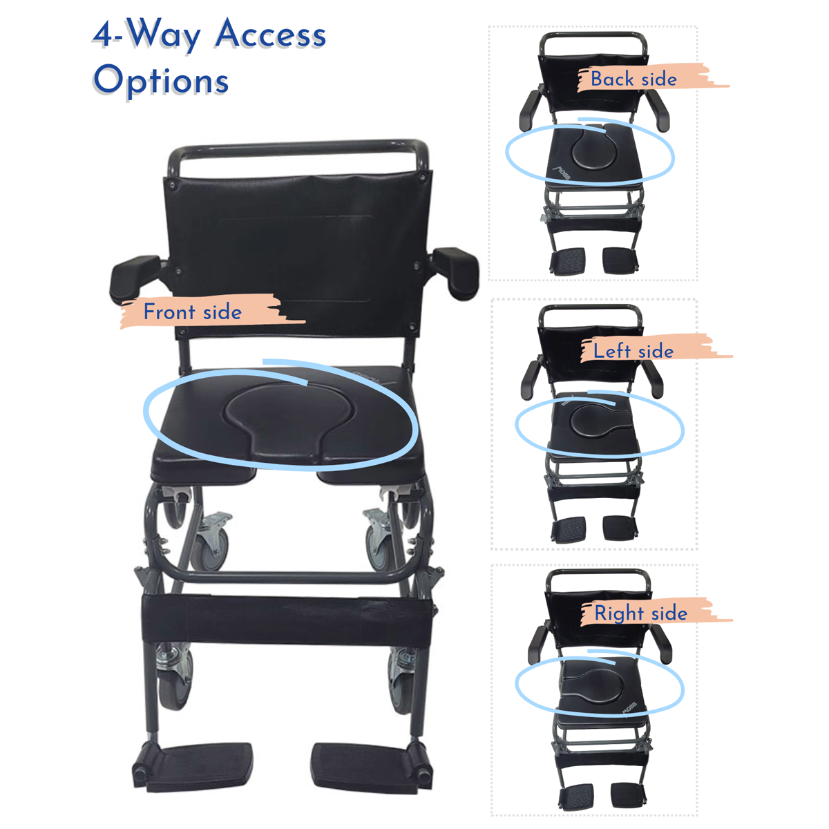 4 Way Padded Steel Commode Chair w/Wheels — MOBB Home Health Care, detail view