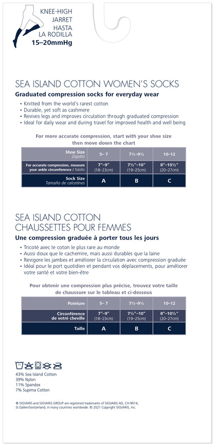 Sigvaris 150 Sea Island Cotton Compression Socks 15-20 mmHg Calf High For Women Closed Toe