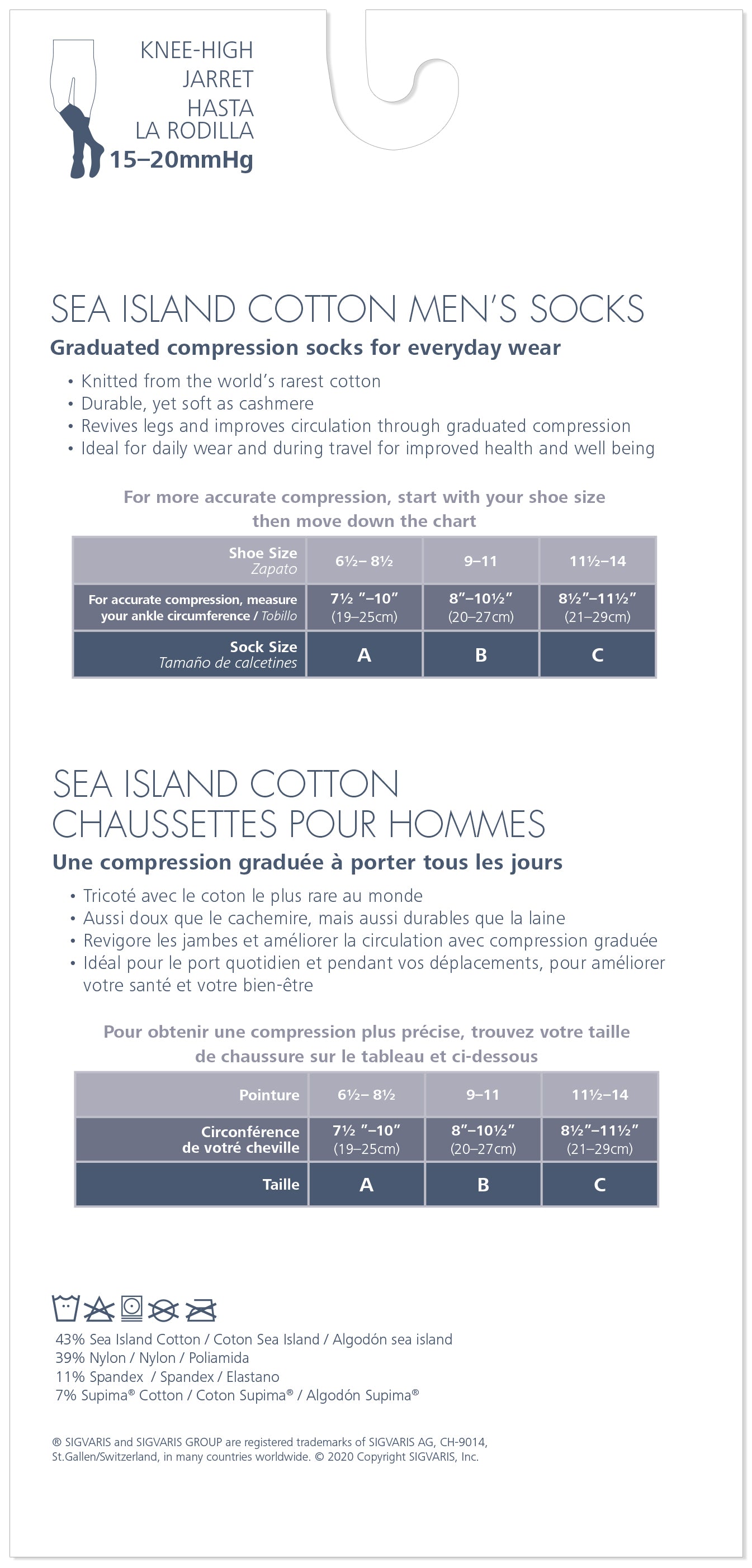 Sigvaris 190 Sea Island Cotton Compression Socks 15-20 mmHg Calf High for Men Closed Toe