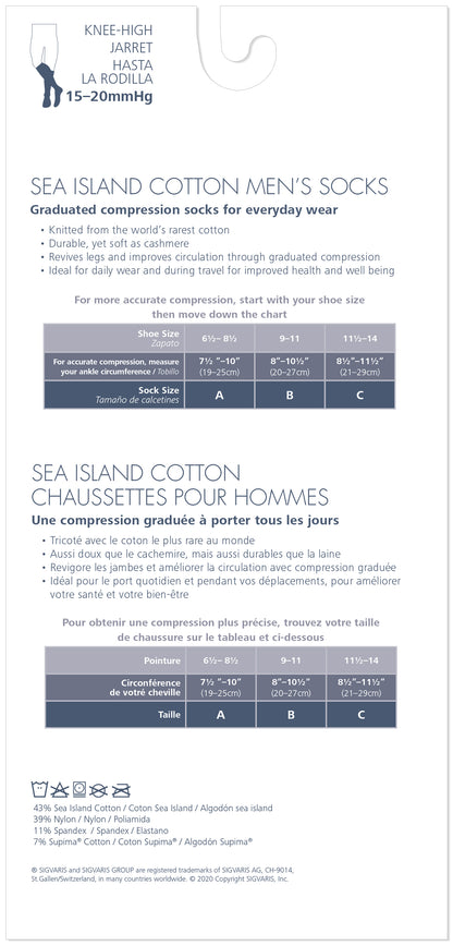 Sigvaris 190 Sea Island Cotton Compression Socks 15-20 mmHg Calf High for Men Closed Toe