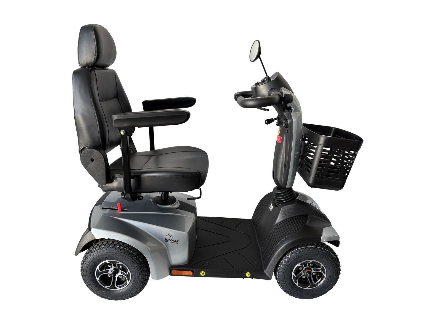 Movo Brome Lite mobility scooter in silver, front three-quarter view