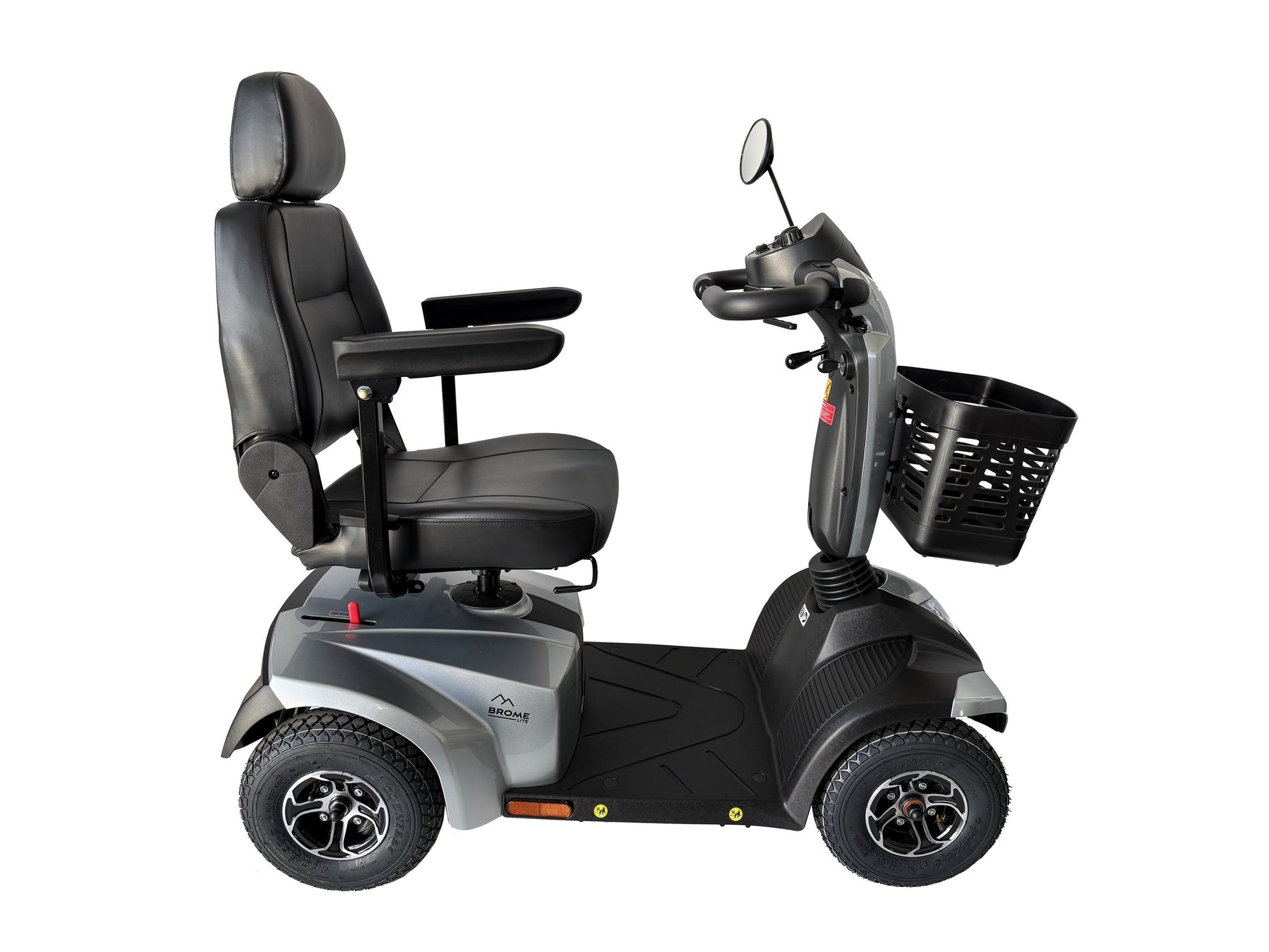 Movo Brome Lite mobility scooter in silver, front three-quarter view