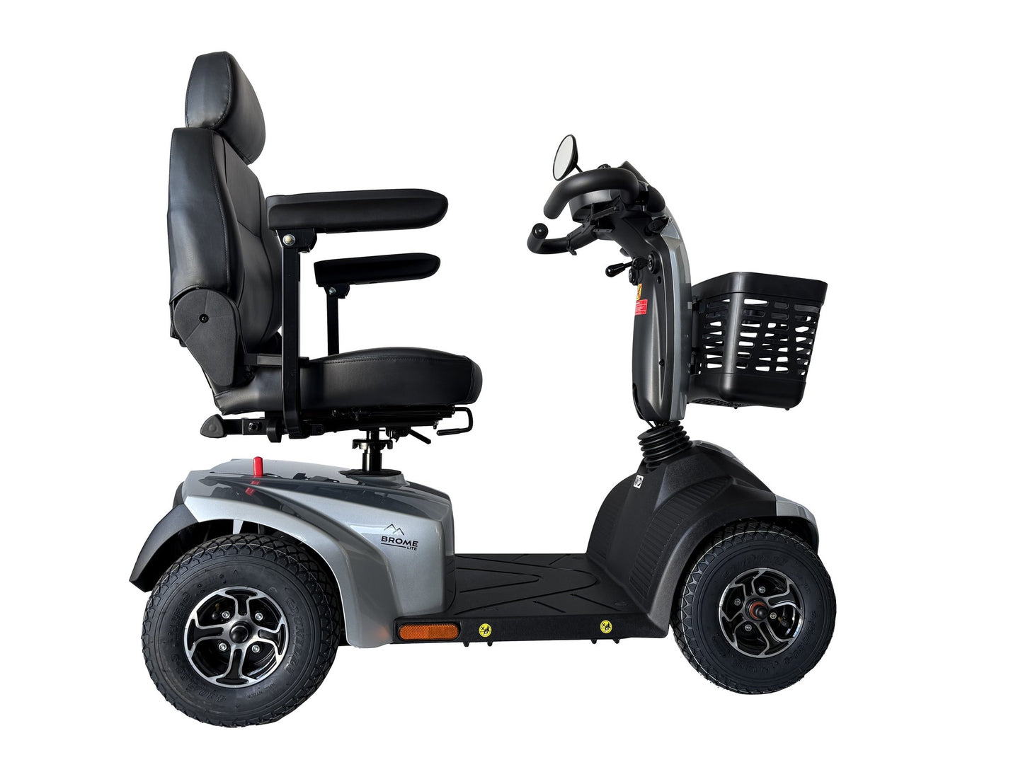 Movo Brome Lite silver mobility scooter, alternate three-quarter angle