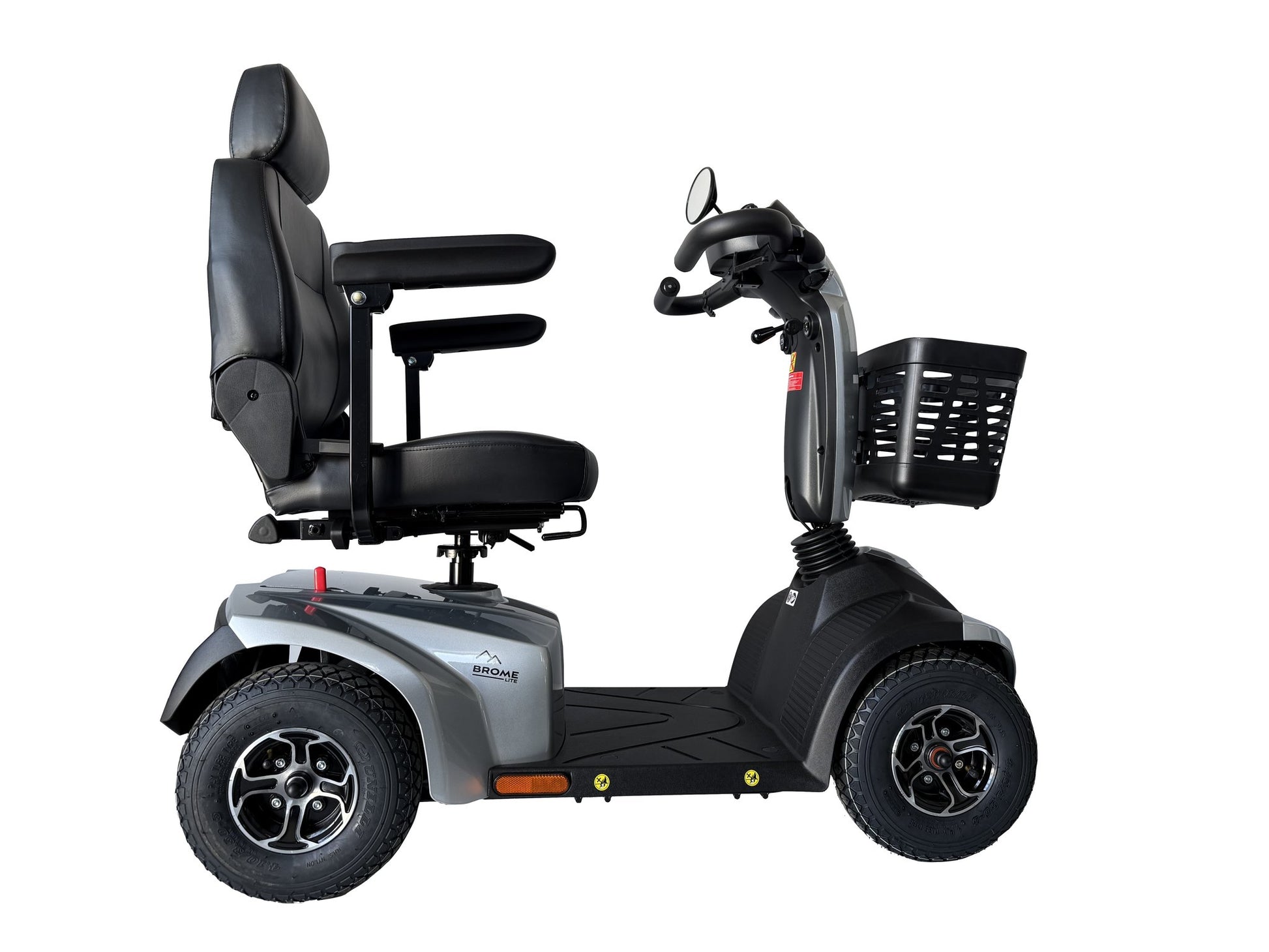 Movo Brome Lite silver mobility scooter, alternate three-quarter angle