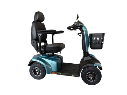 Movo Brome Lite turquoise scooter, rear three-quarter view with basket