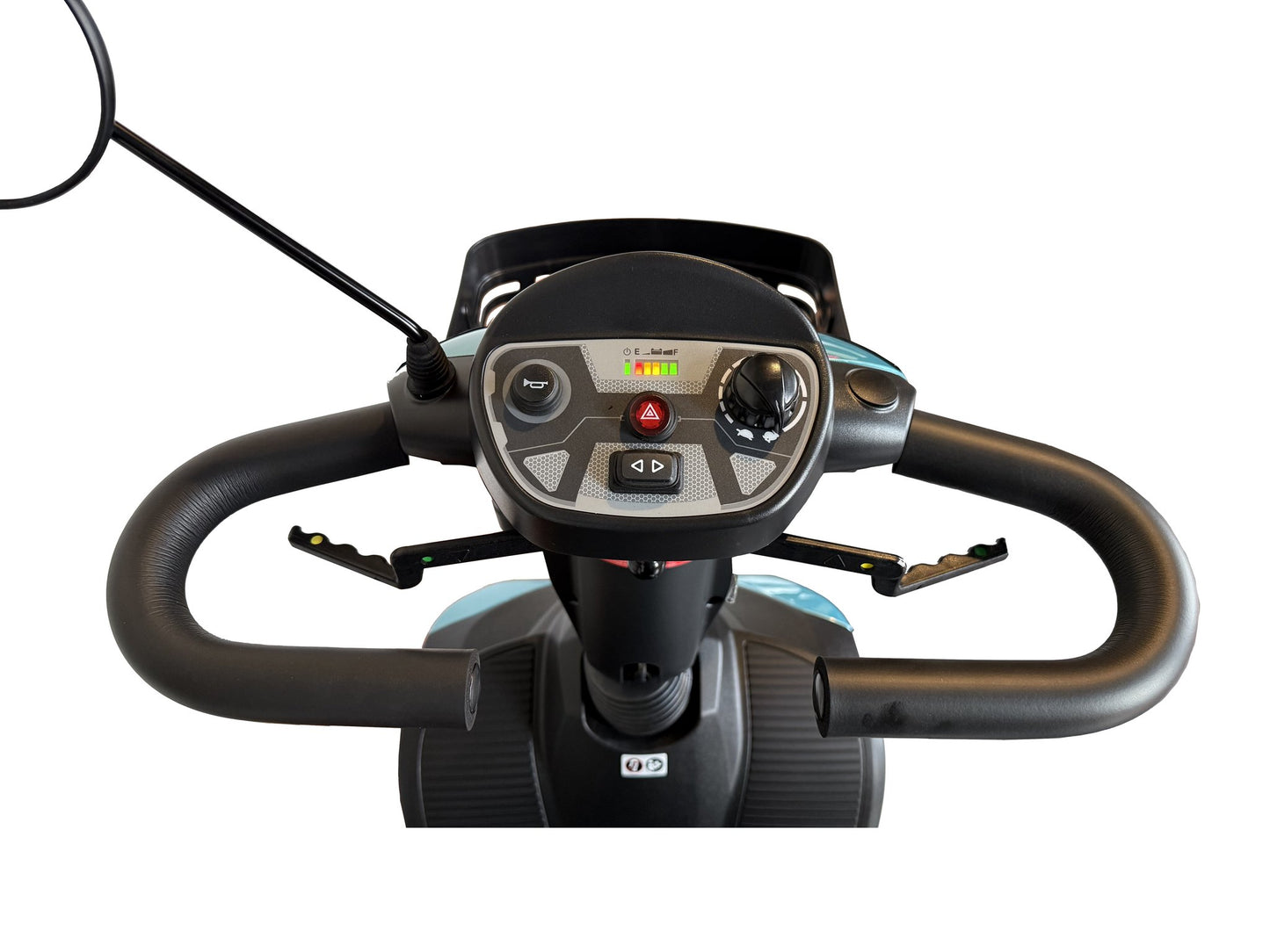 Close-up of the Movo Brome Lite tiller controls and LED headlight
