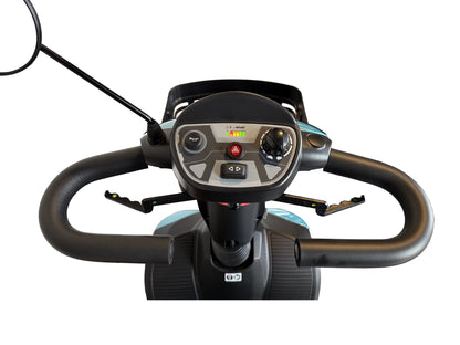 Close-up of the Movo Brome Lite tiller controls and LED headlight
