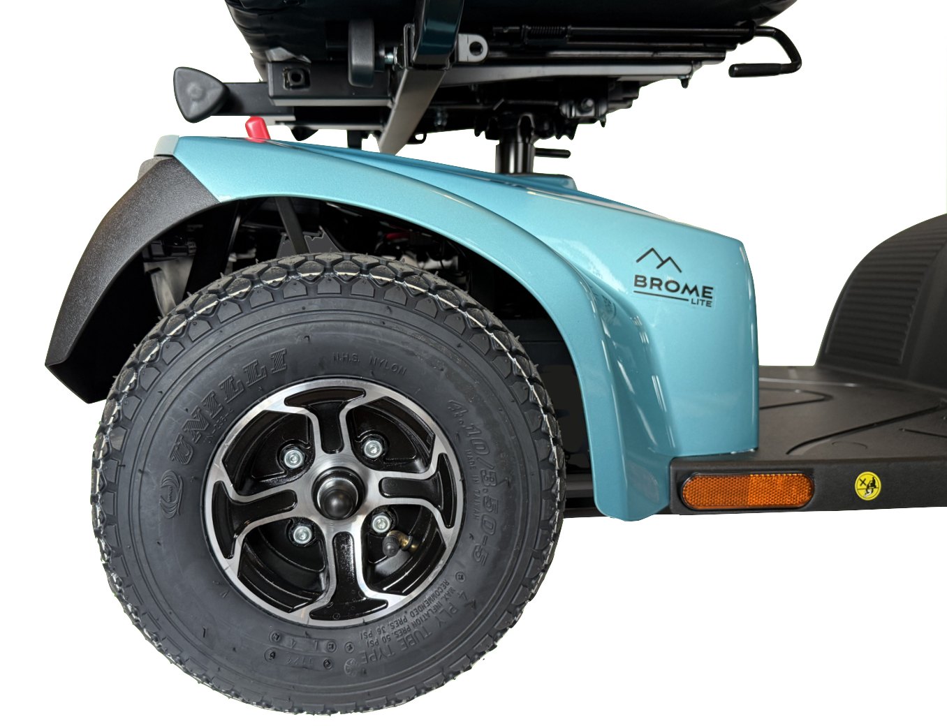 Movo Brome Lite turquoise mobility scooter, detail of frame and wheels