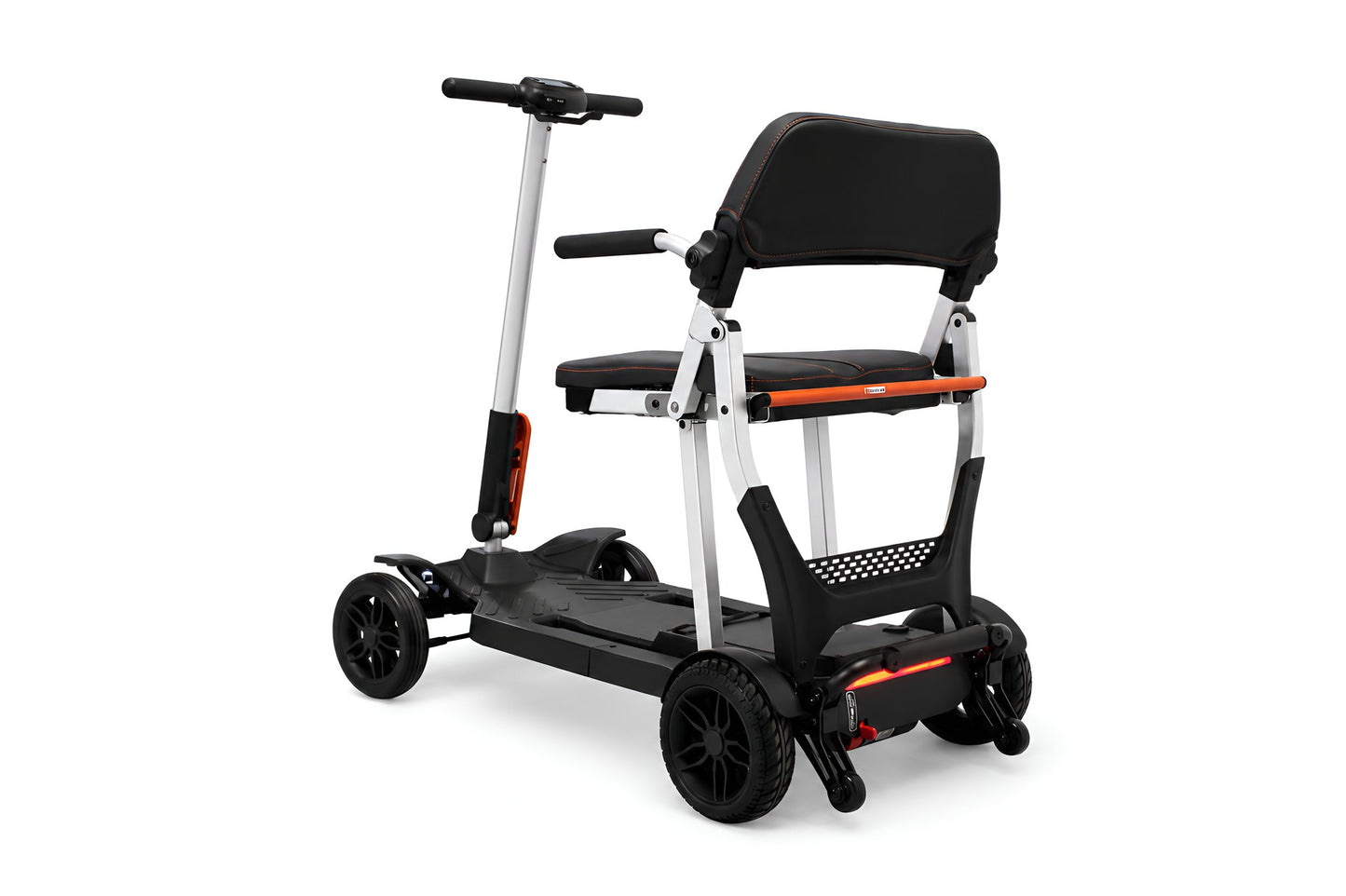 Movo Pilot folding travel scooter, rear three-quarter view showing seat and frame