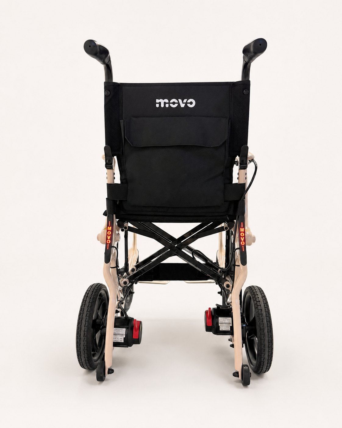 Movo Cloud Carbon beige folding power wheelchair, close detail view