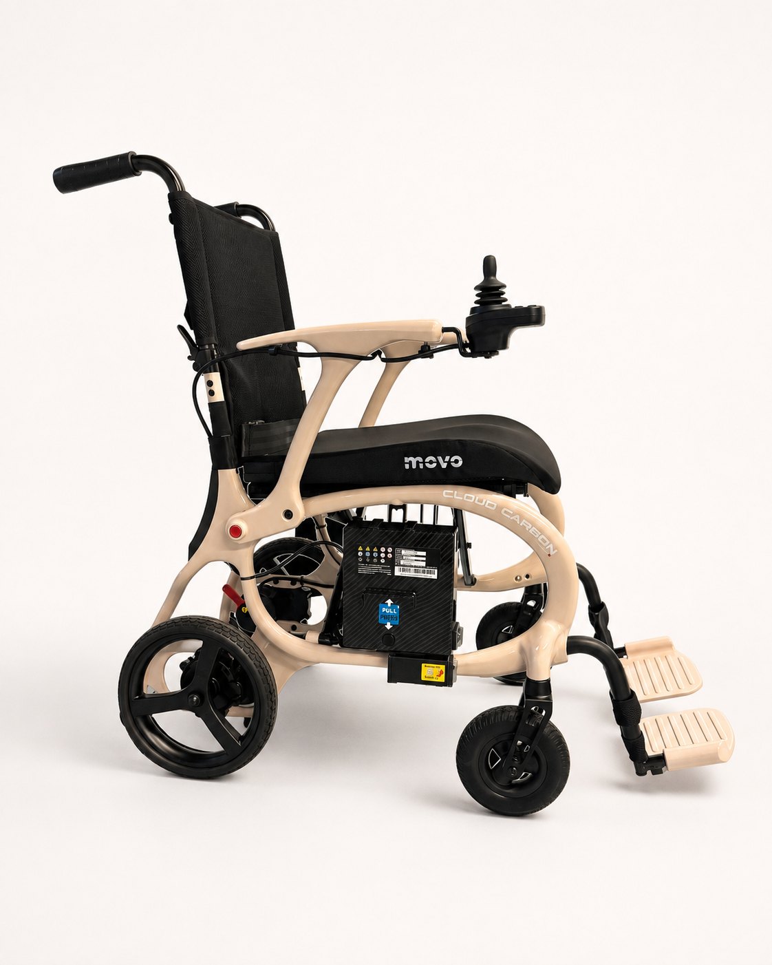 Movo Cloud Carbon beige powerchair, alternate three-quarter angle