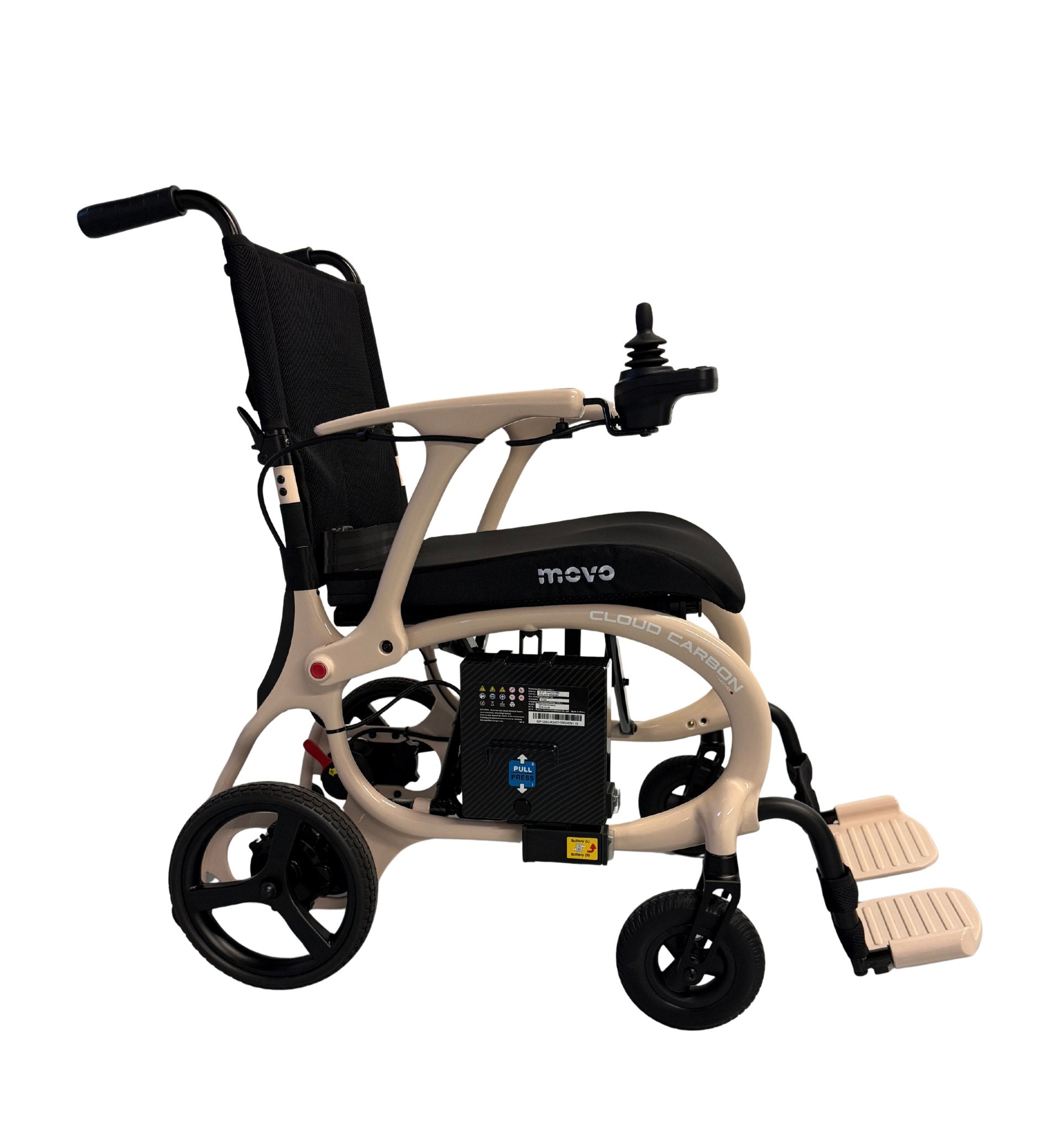 Movo Cloud Carbon beige powerchair, side profile view