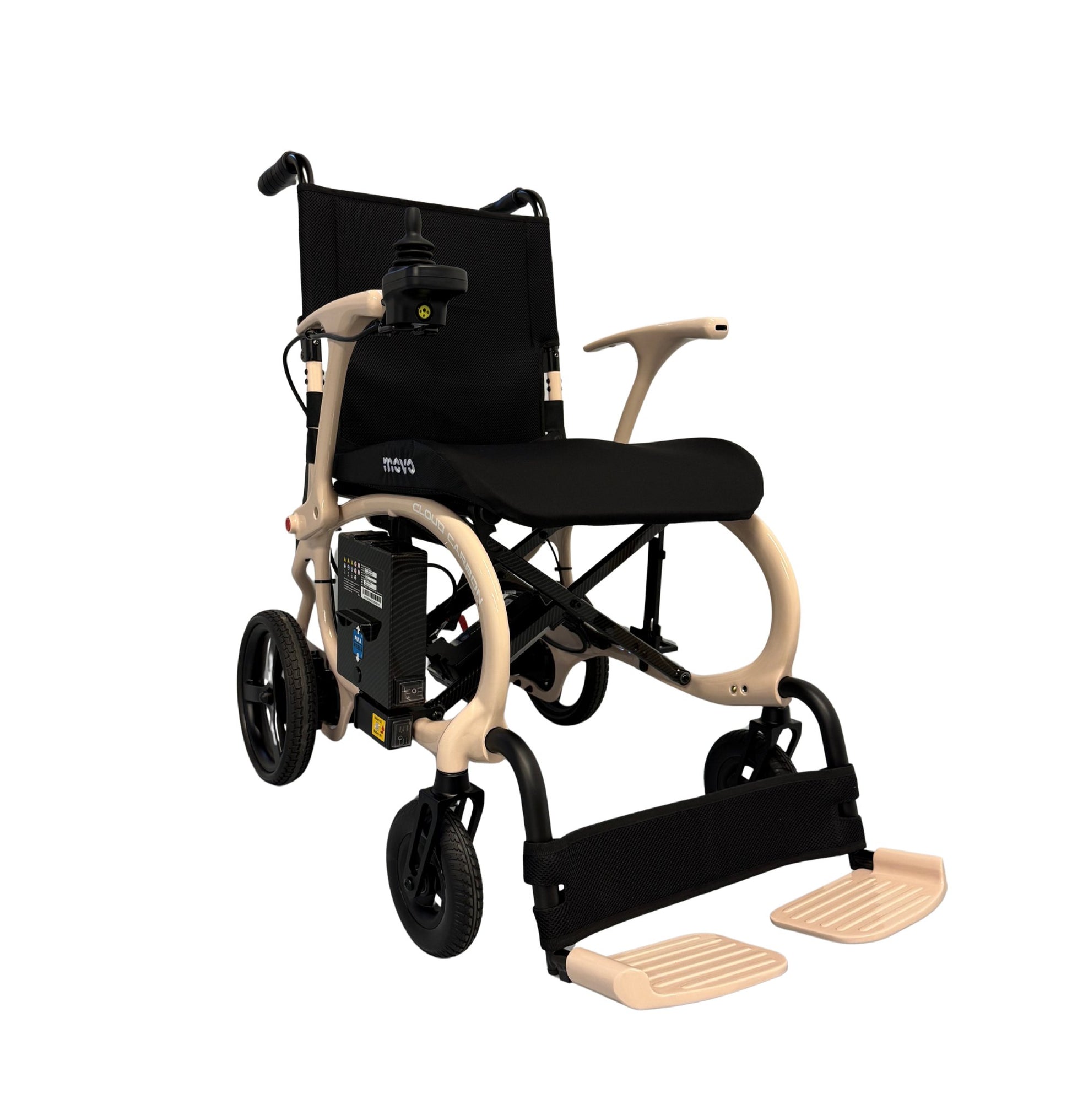 Movo Cloud Carbon beige folding wheelchair, rear three-quarter view
