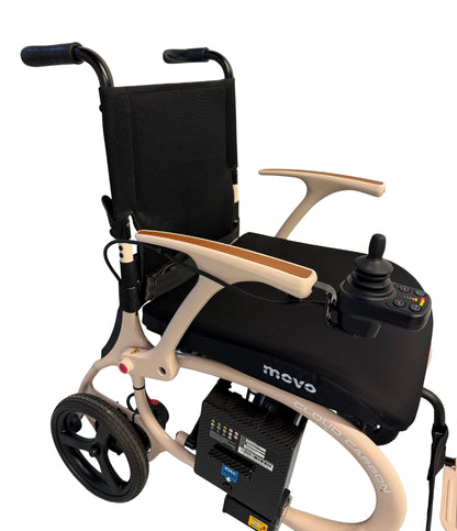 Movo Cloud Carbon beige powerchair folded for storage and travel