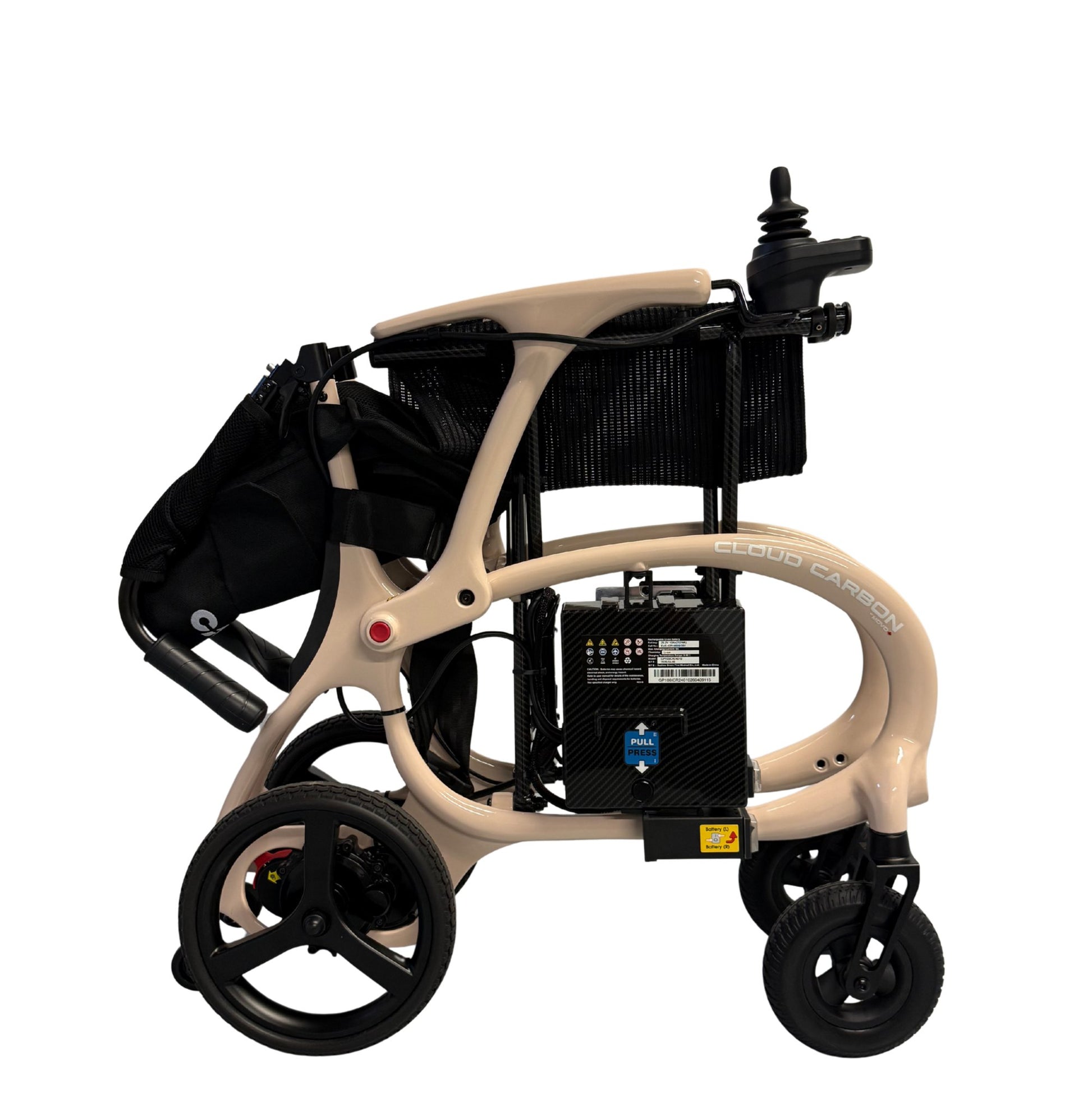 Movo Cloud Carbon beige powerchair with footrests extended