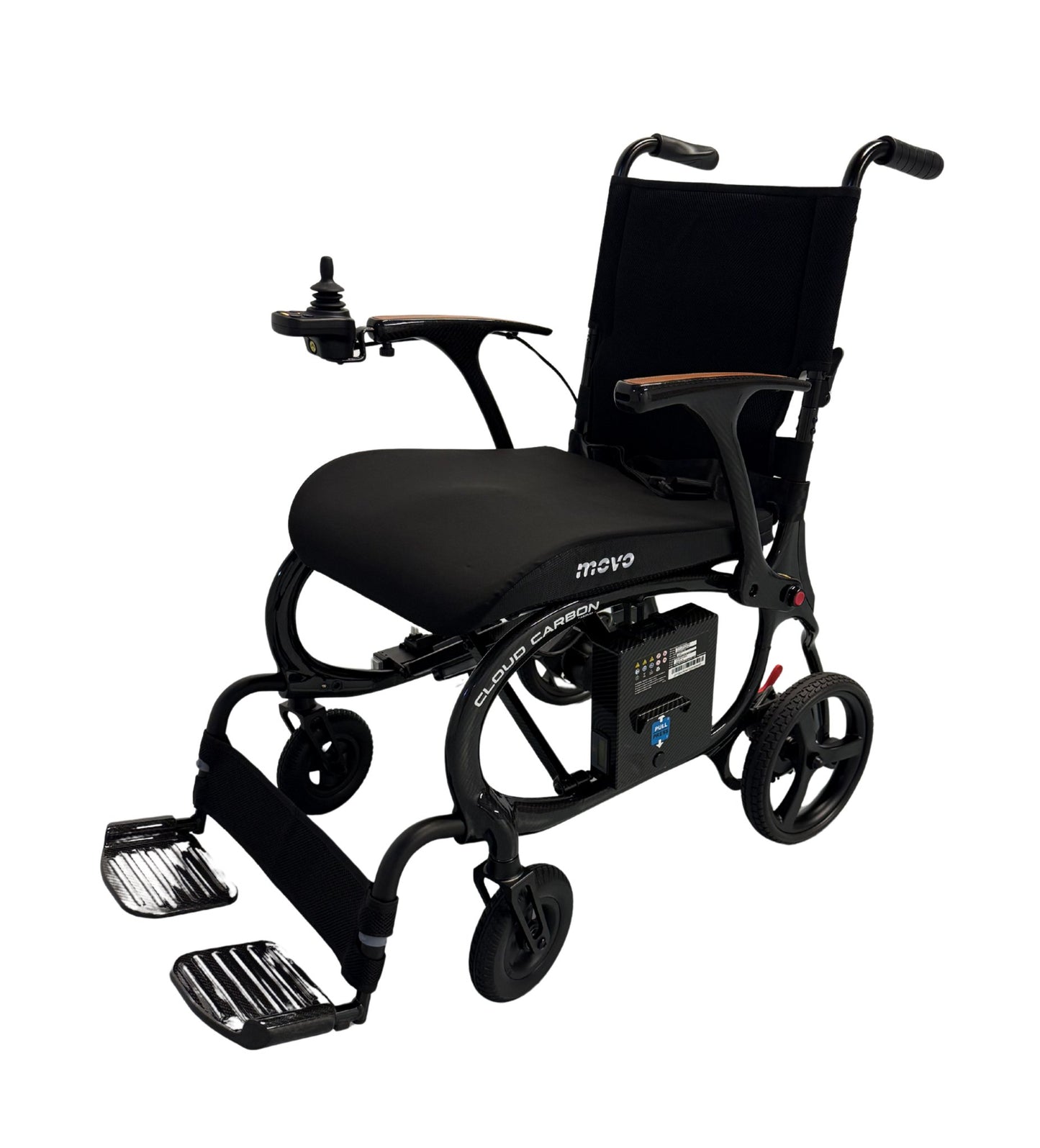 Movo Cloud Carbon folding power wheelchair in black, front three-quarter view