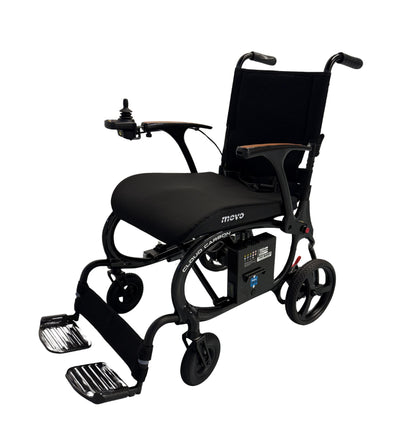 Movo Cloud Carbon folding power wheelchair in black, front three-quarter view