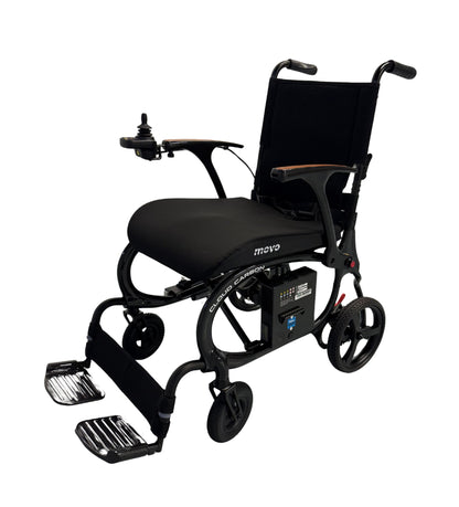Movo Cloud Carbon folding power wheelchair in black, front three-quarter view