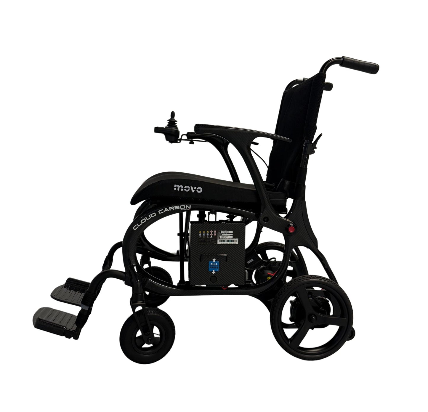 Movo Cloud Carbon black powerchair, side profile showing carbon fibre frame