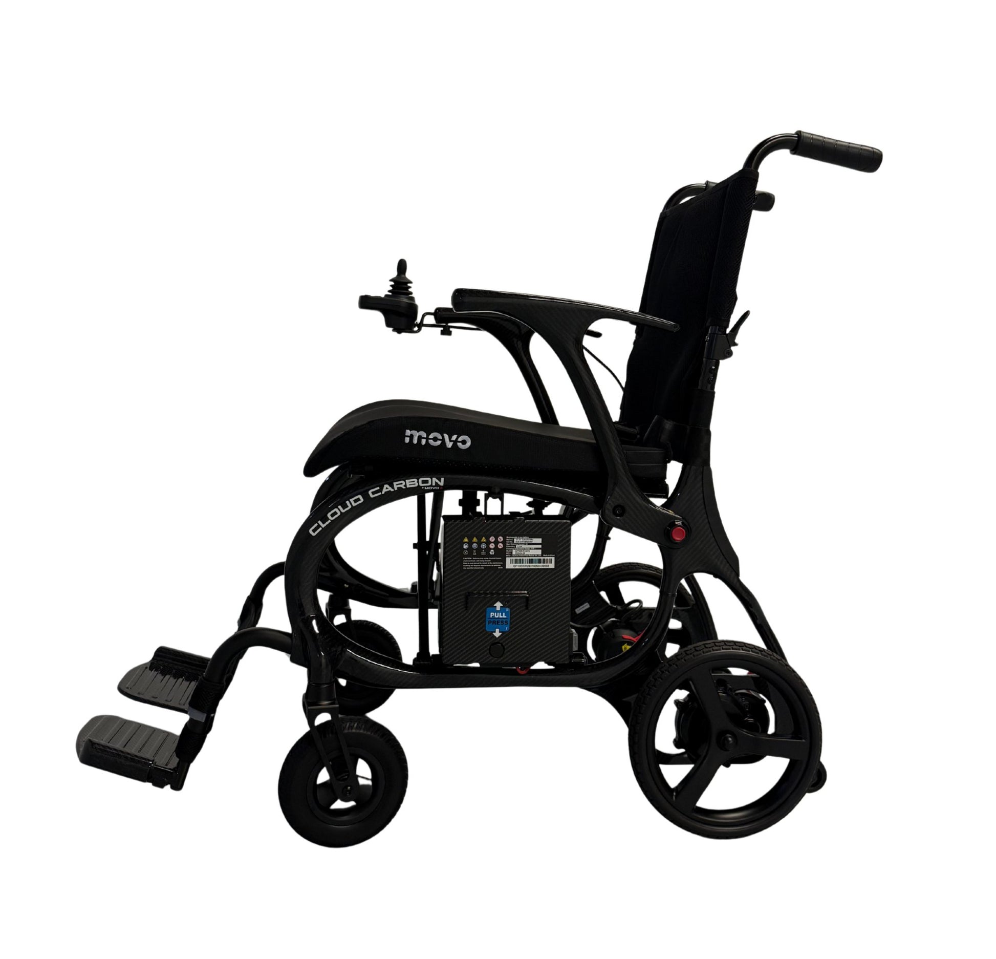 Movo Cloud Carbon black powerchair, side profile showing carbon fibre frame