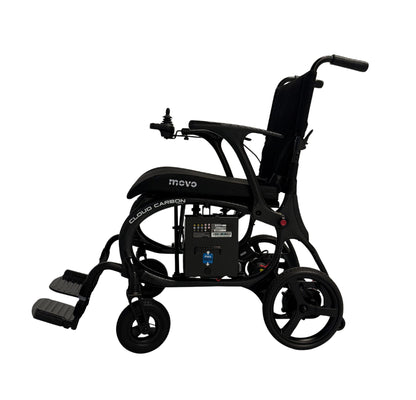 Movo Cloud Carbon black powerchair, side profile showing carbon fibre frame