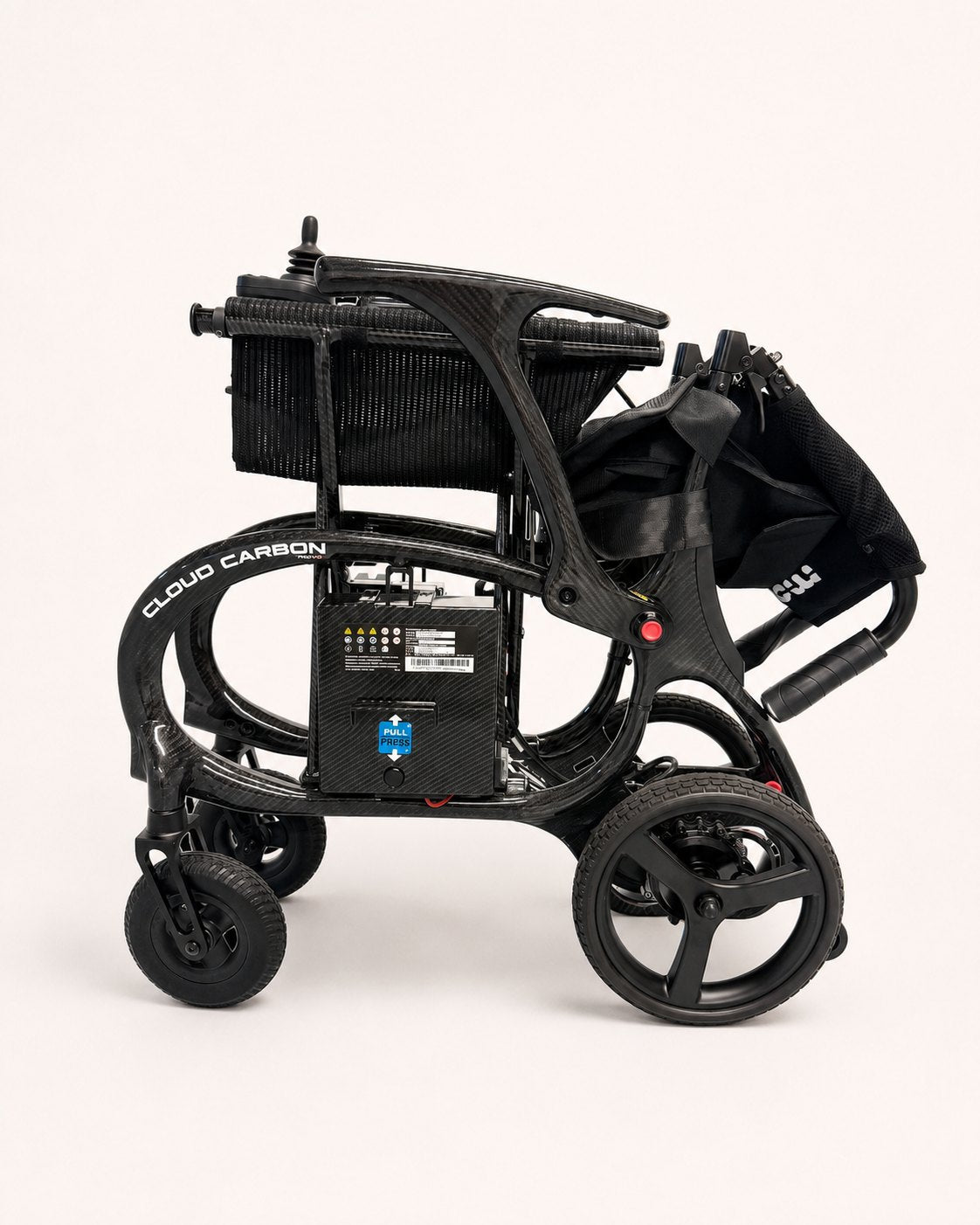 Movo Cloud Carbon black folding powerchair, detail of drive wheel