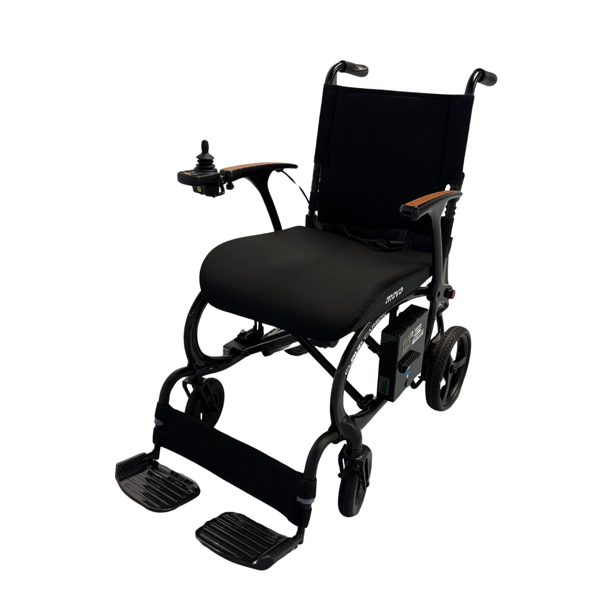 Movo Cloud Carbon black folding wheelchair, rear view with joystick