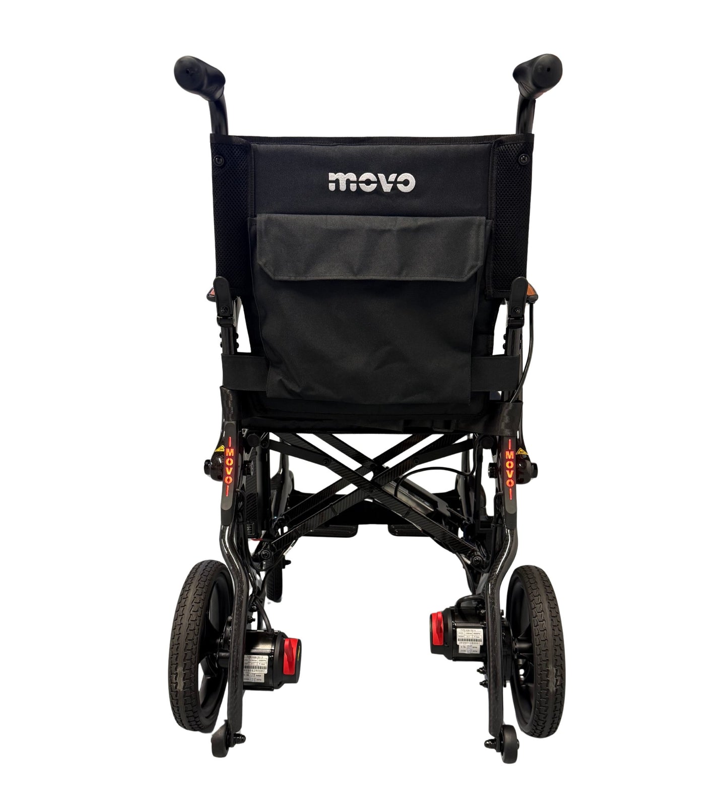 Movo Cloud Carbon black powerchair shown folded for transport