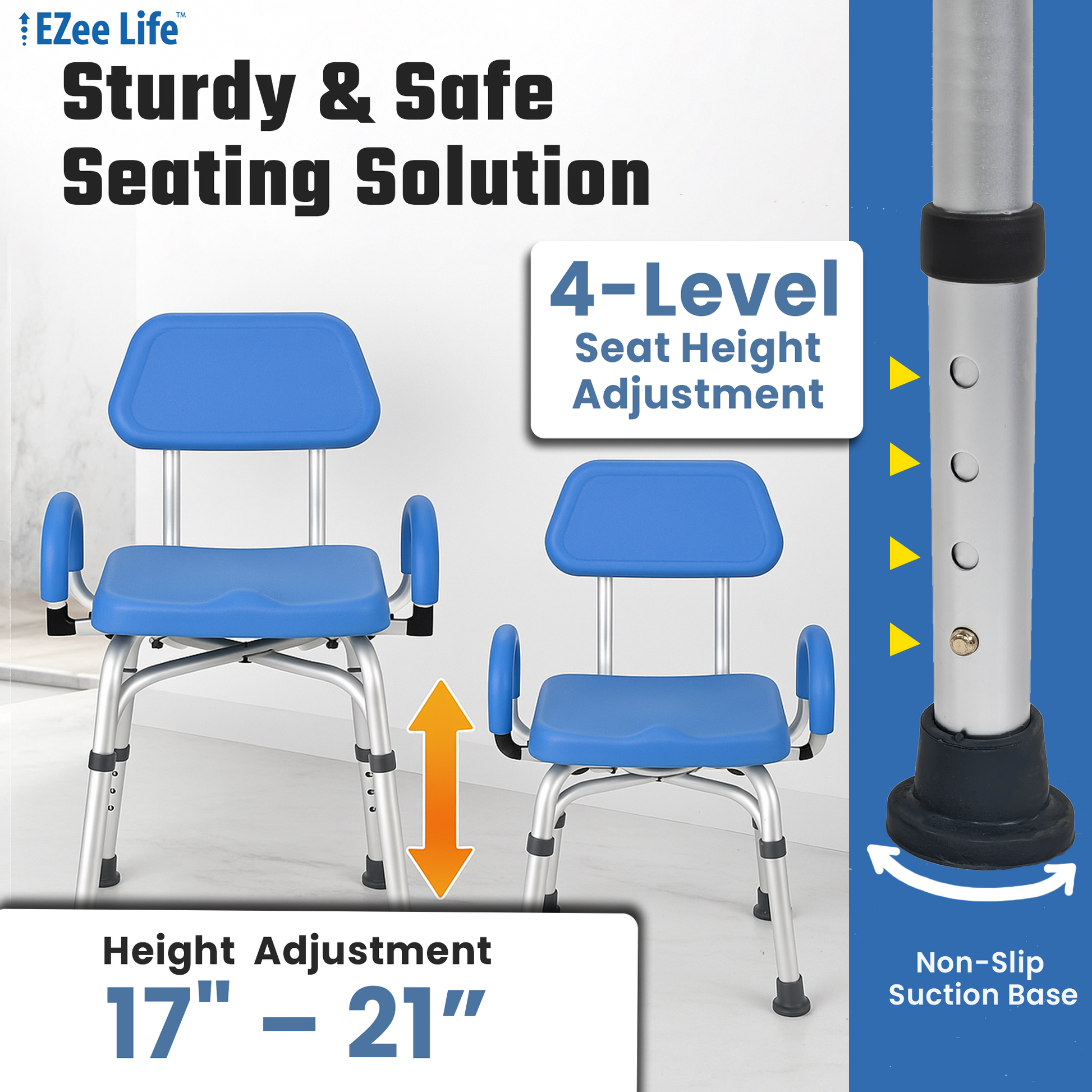 EZee Life CH2075 Swivel Shower Chair – 360° Swivel Seat, Padded Flip-Up Arms, Height Adjustable Legs for Bath Safety & Easy Transfers Ezee Life