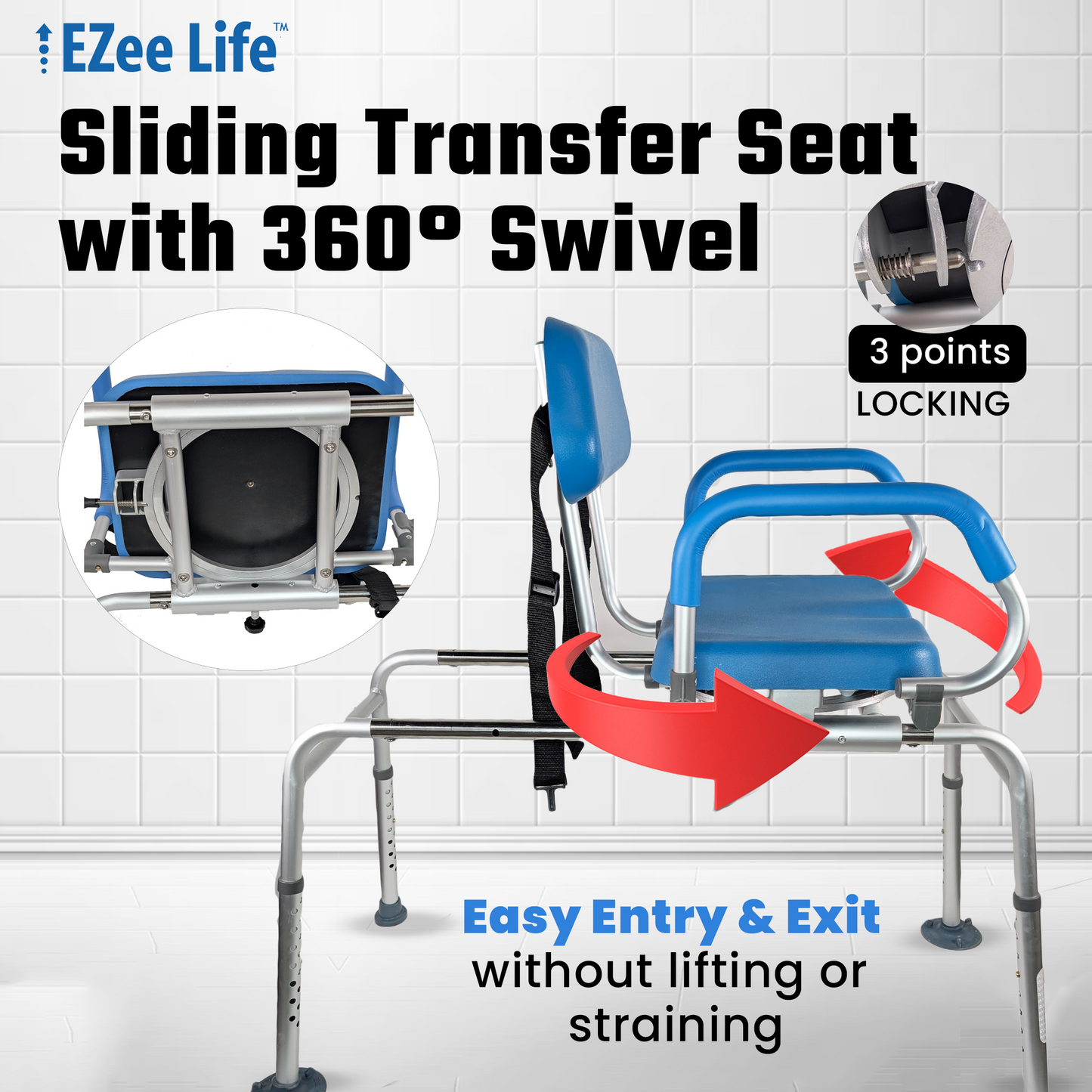 EZee Life Sliding Swivel Padded Transfer Bench – 360° Swivel Shower Chair with Sliding Seat, Flip-Up Arms & Height Adjustable Legs for Safe, Comfortable Bath Transfers