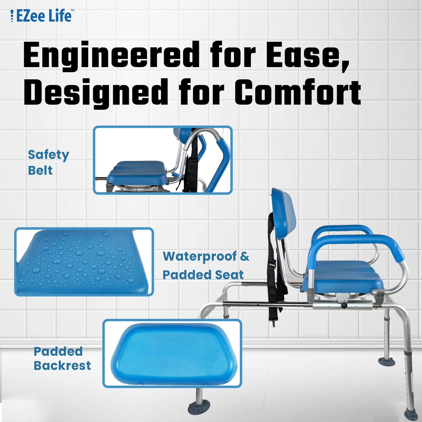 EZee Life Sliding Swivel Padded Transfer Bench – 360° Swivel Shower Chair with Sliding Seat, Flip-Up Arms & Height Adjustable Legs for Safe, Comfortable Bath Transfers