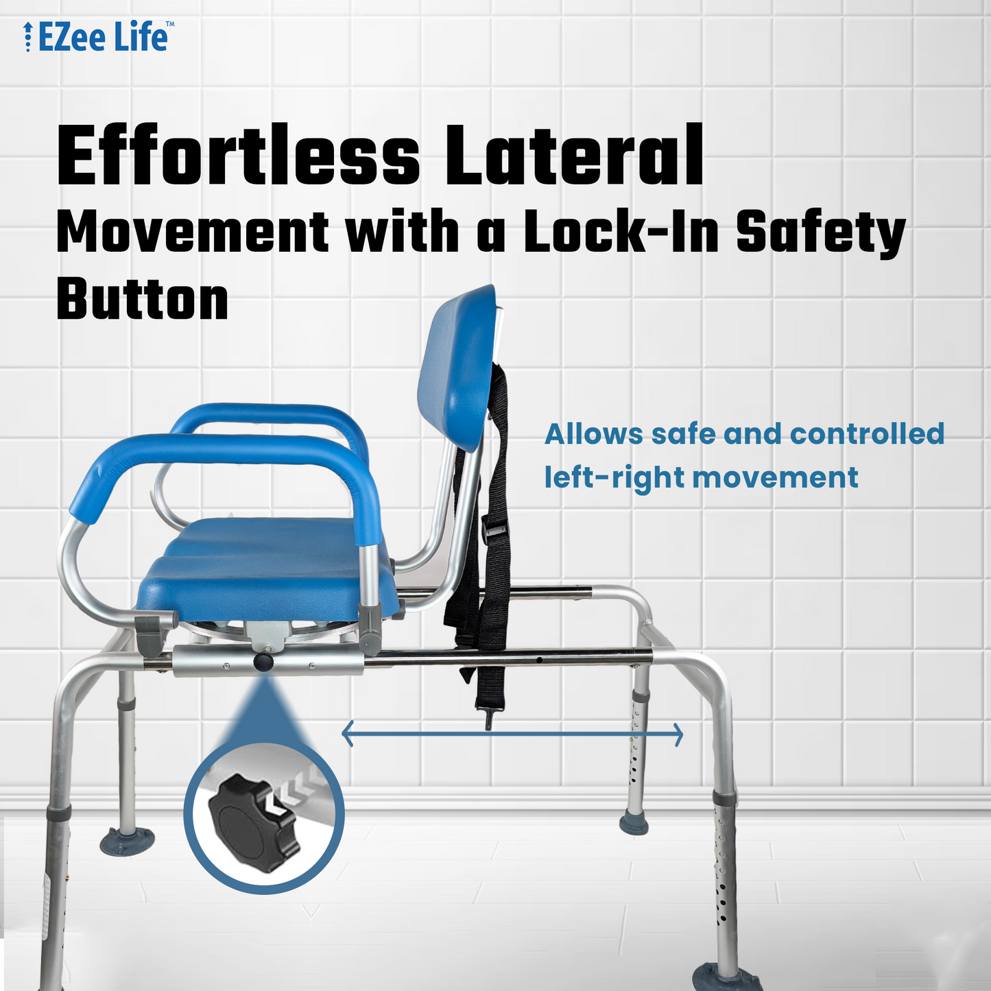EZee Life Sliding Swivel Padded Transfer Bench – 360° Swivel Shower Chair with Sliding Seat, Flip-Up Arms & Height Adjustable Legs for Safe, Comfortable Bath Transfers