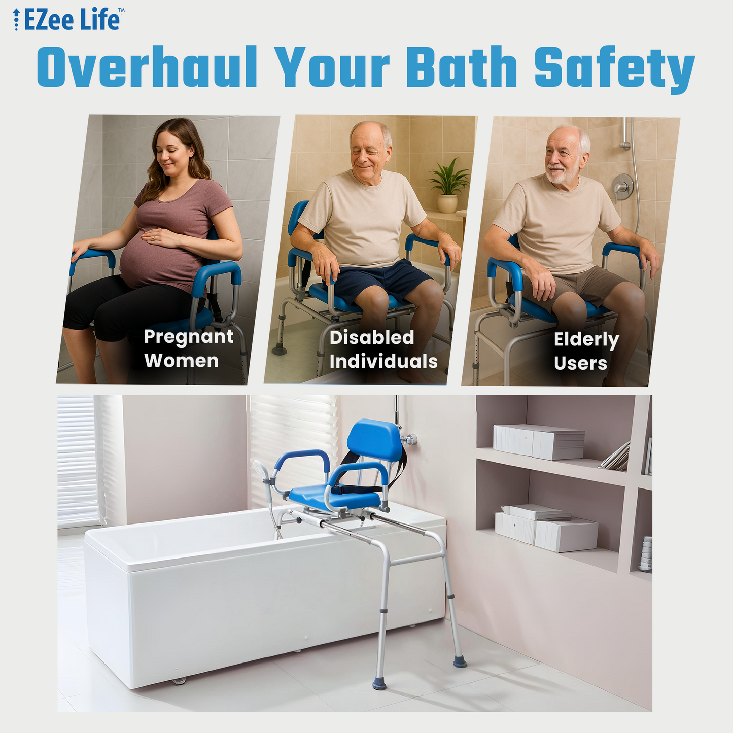 EZee Life Sliding Swivel Padded Transfer Bench – 360° Swivel Shower Chair with Sliding Seat, Flip-Up Arms & Height Adjustable Legs for Safe, Comfortable Bath Transfers