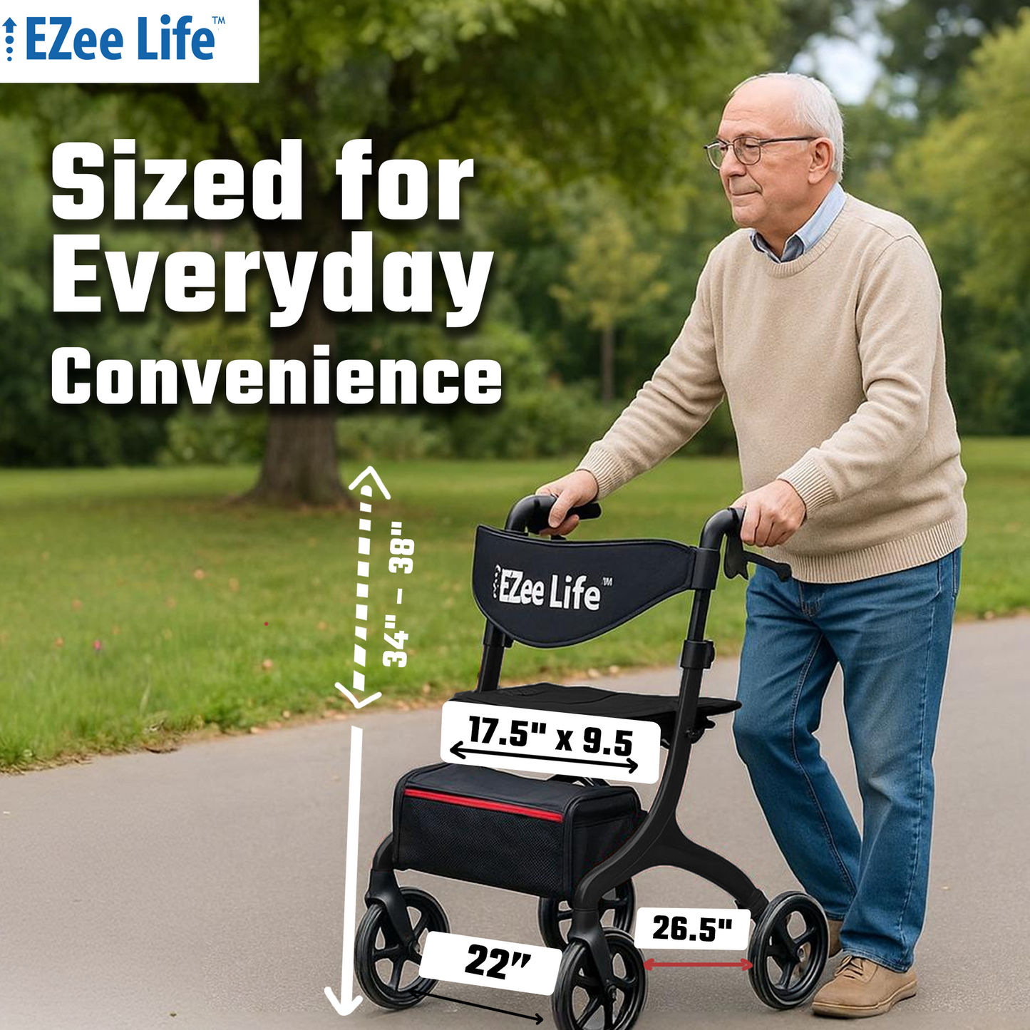 EZee Life Folding Rollator Walker – Lightweight, Height-Adjustable Mobility Aid