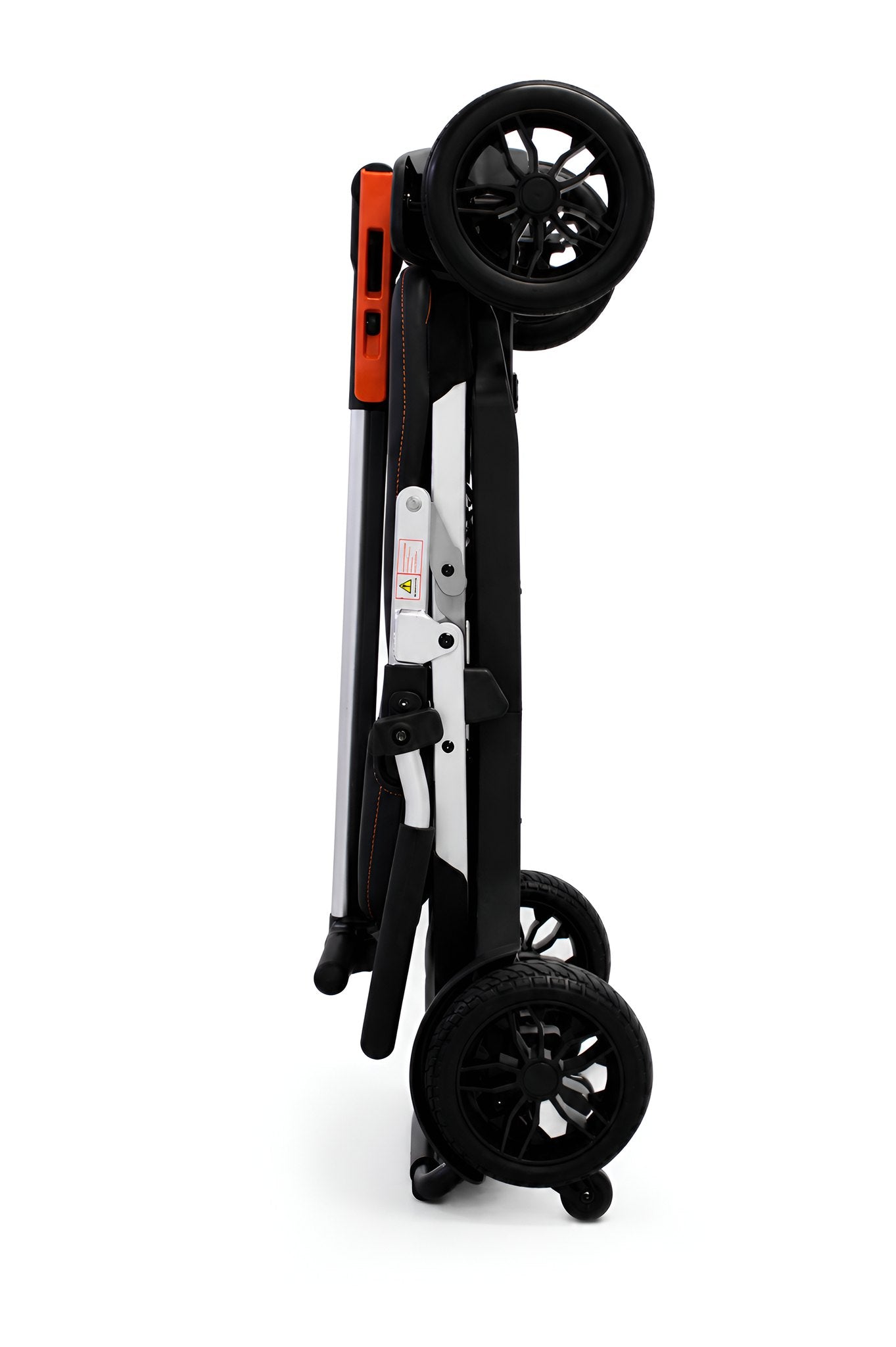 Movo Pilot mobility scooter folded flat and standing upright for storage