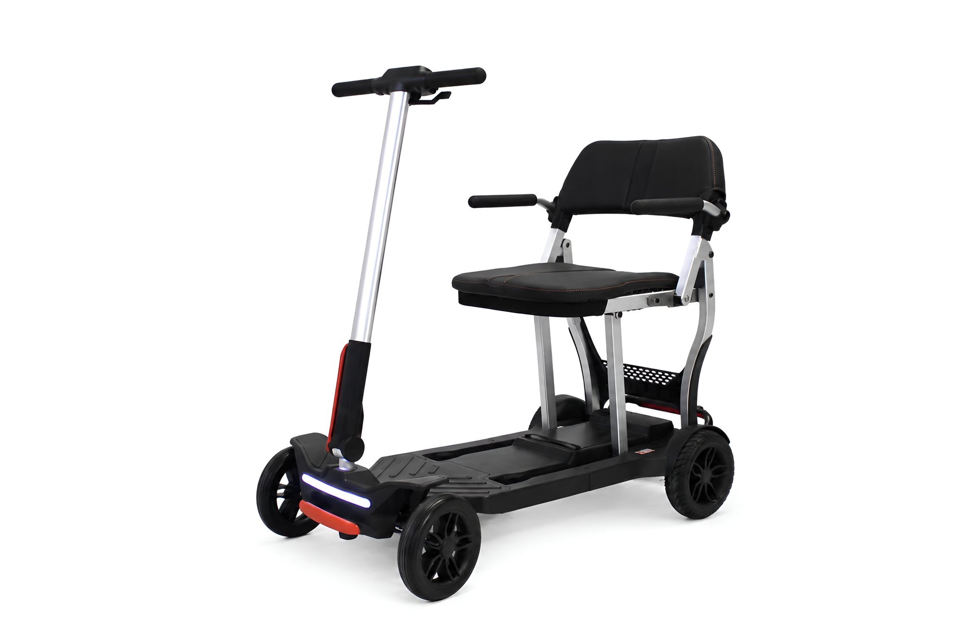 Movo Pilot flat-folding mobility scooter in black, front three-quarter view