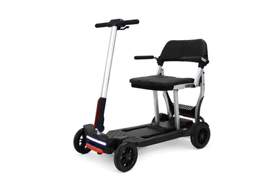 Movo Pilot flat-folding mobility scooter in black, front three-quarter view