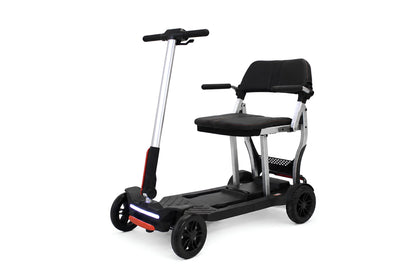 Movo Pilot flat-folding mobility scooter in black, front three-quarter view