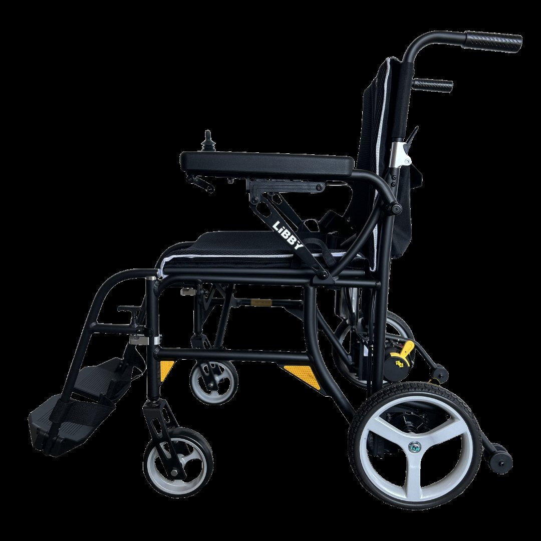 Movo Libby lightweight folding electric wheelchair, studio product shot