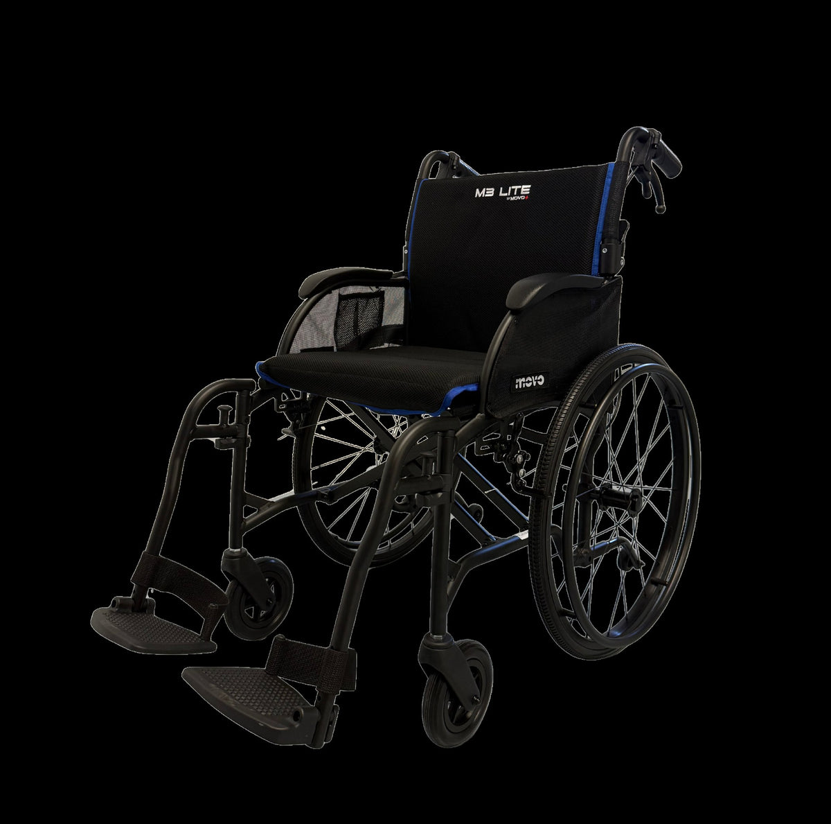 Movo M3 Lite ultra-light folding wheelchair, front three-quarter view