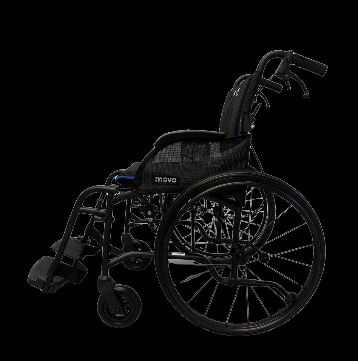 Movo M3 Lite folding wheelchair, side profile showing 22-inch rear wheel