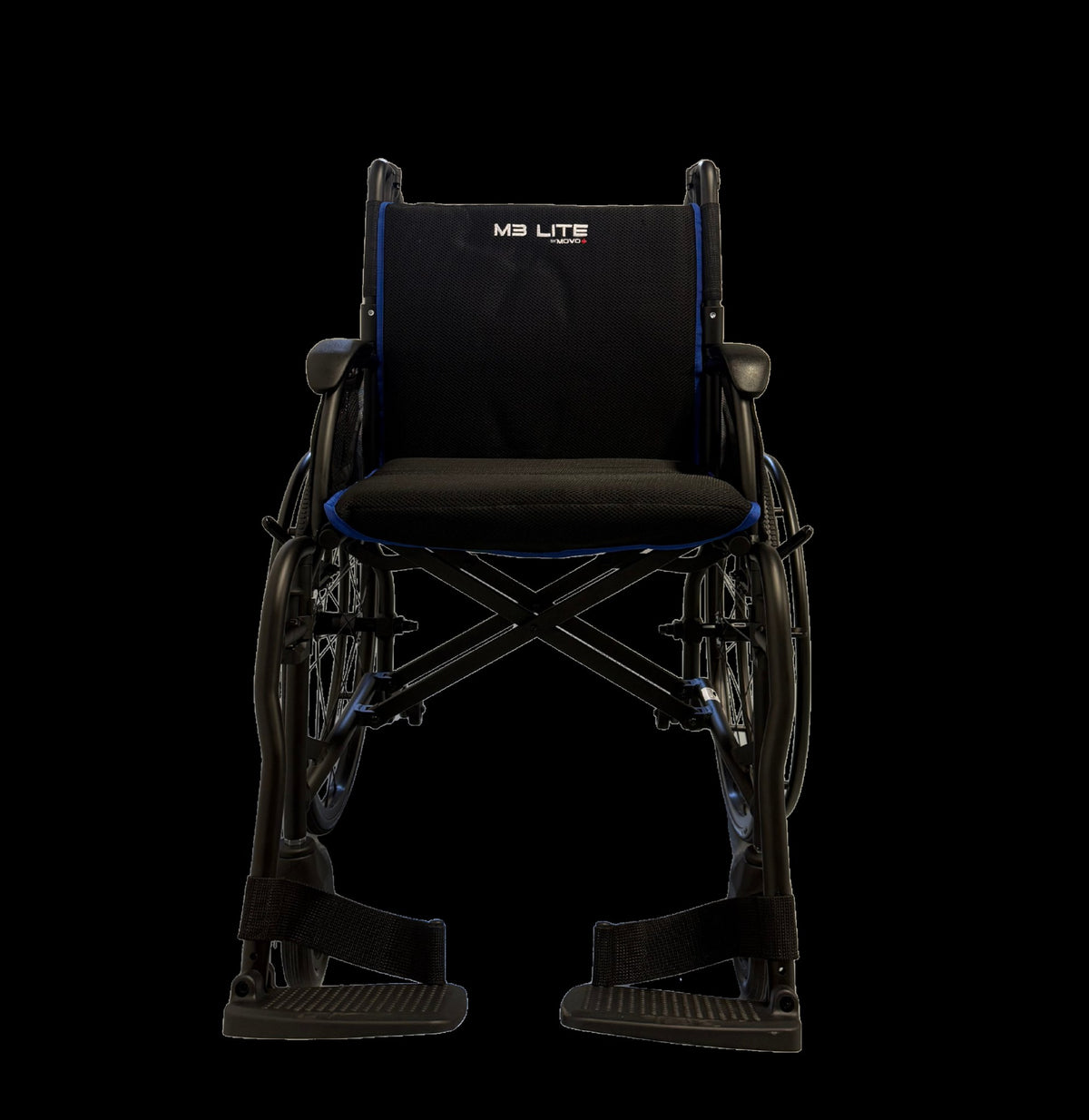 Movo M3 Lite wheelchair front view showing seat, armrests and footplates