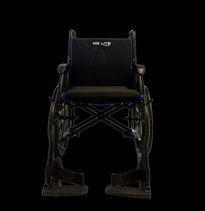 Movo M3 Lite wheelchair front view showing seat, armrests and footplates