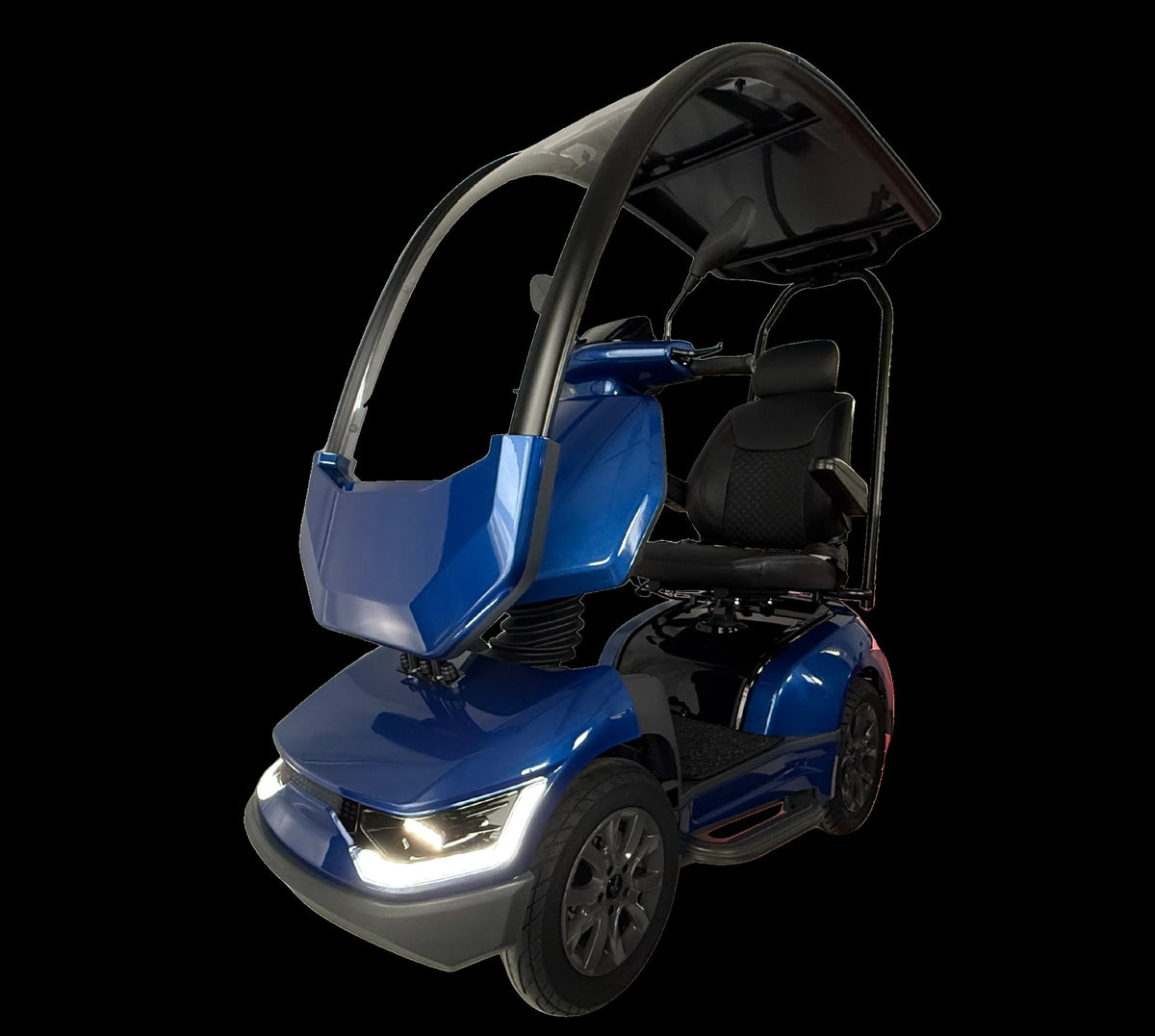 Movo MACH in Blue, front angle showing moulded fairing and headlights