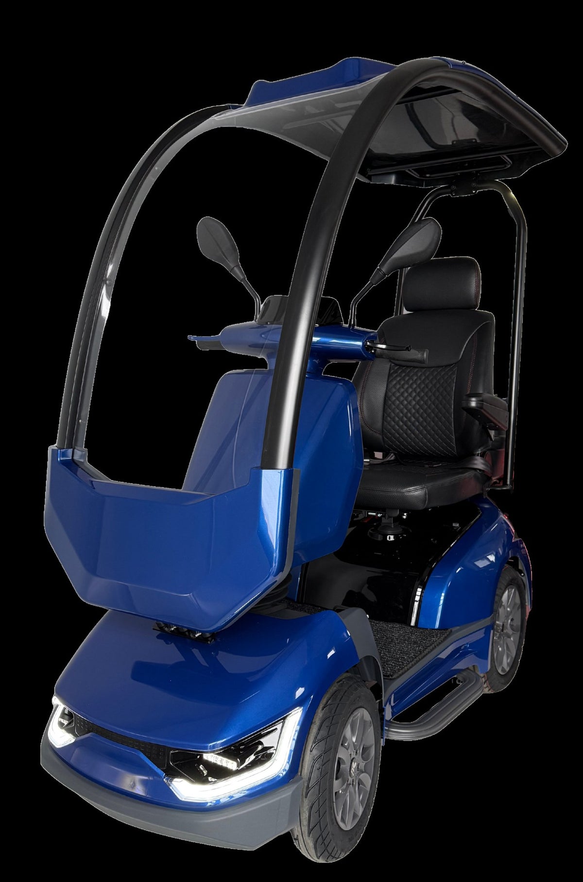 Movo MACH luxury mobility scooter in Blue, front three-quarter view with LED lighting