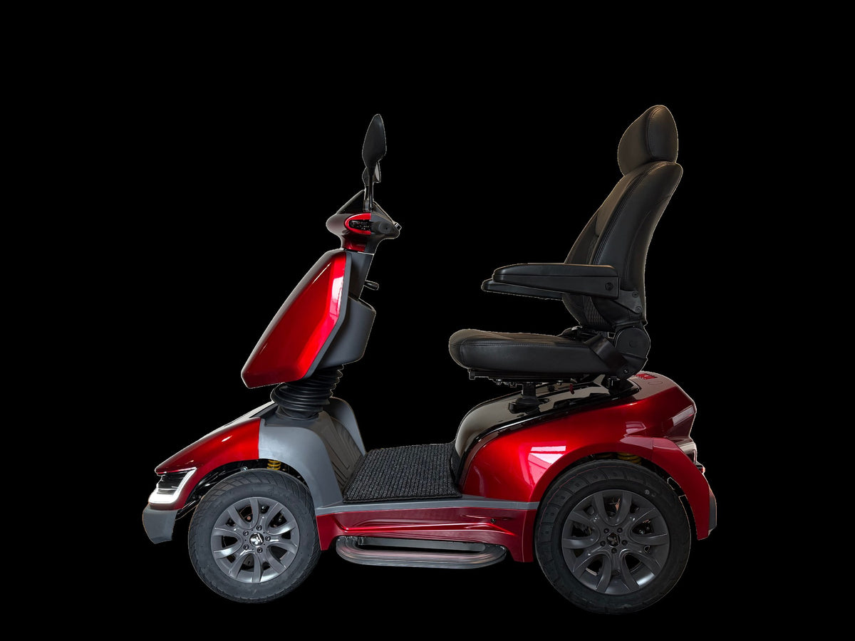Movo MACH luxury mobility scooter in Red, side view without canopy